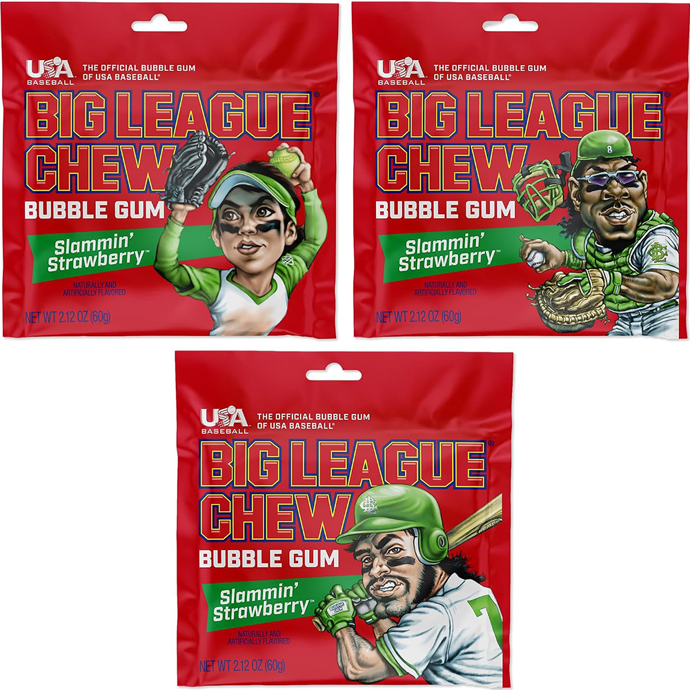 Big League Chew Slammin' Strawberry Bubble Gum, 2.12 oz, 3 Pack