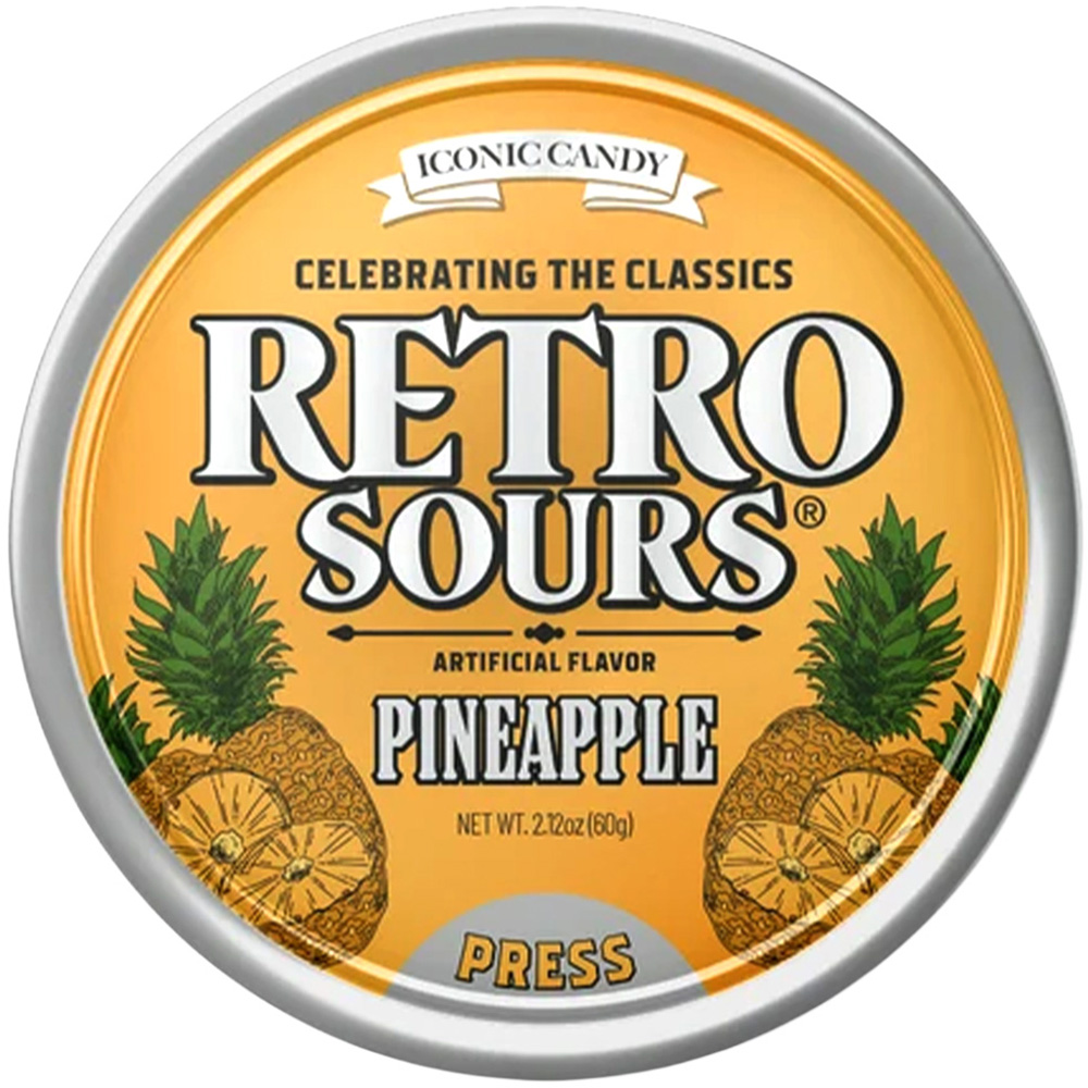 Retro Sours Pineapple Hard Tangy Candy, 2.12oz Tin