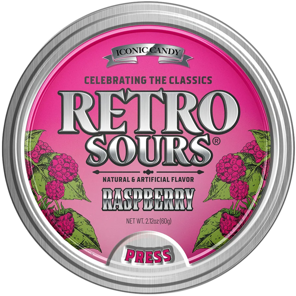 Retro Sours Raspberry Hard Tangy Candy, 2.12oz Tin