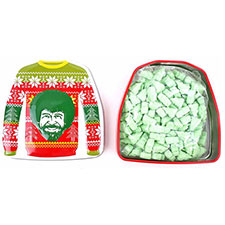 Merry Bob Ross Sweater Tin Happy Tree Shaped Green Apple Sours Candy 1.5oz 