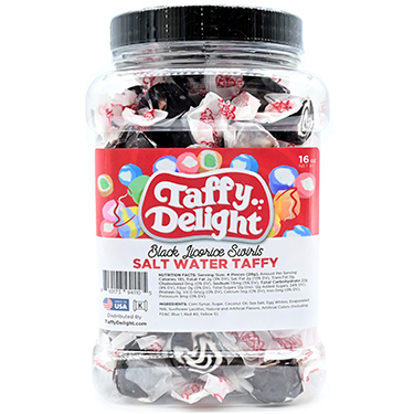 Taffy Delight Black Licorice Swirls Salt Water Taffy 16oz Jar 